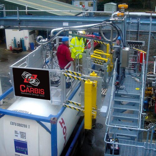 Isotainer loading with wide gangway and loading arm. Aluminum handrails