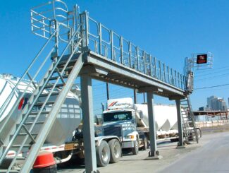 Cement Truck access platform with tracking gangway and cages helps eliminate spotting issues